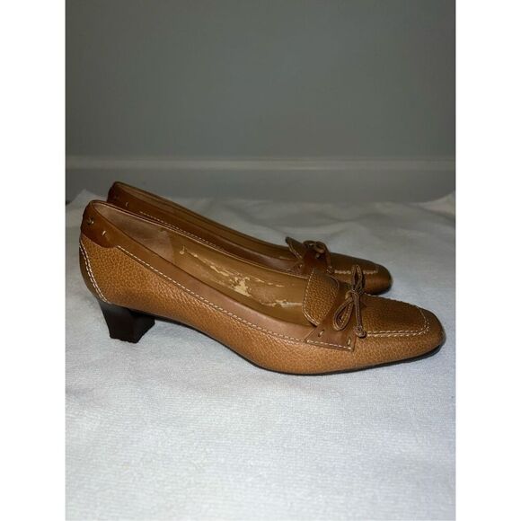 Women’s Vintage Bow Brown/Caramel Loafer Kitten Heel 7.5 - Picture 1 of 7
